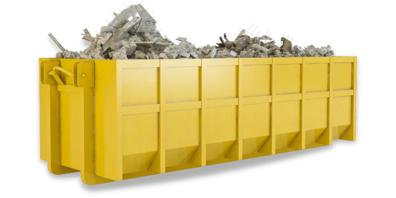 cassone giallo con calcinacci e scarti edili al suo interno